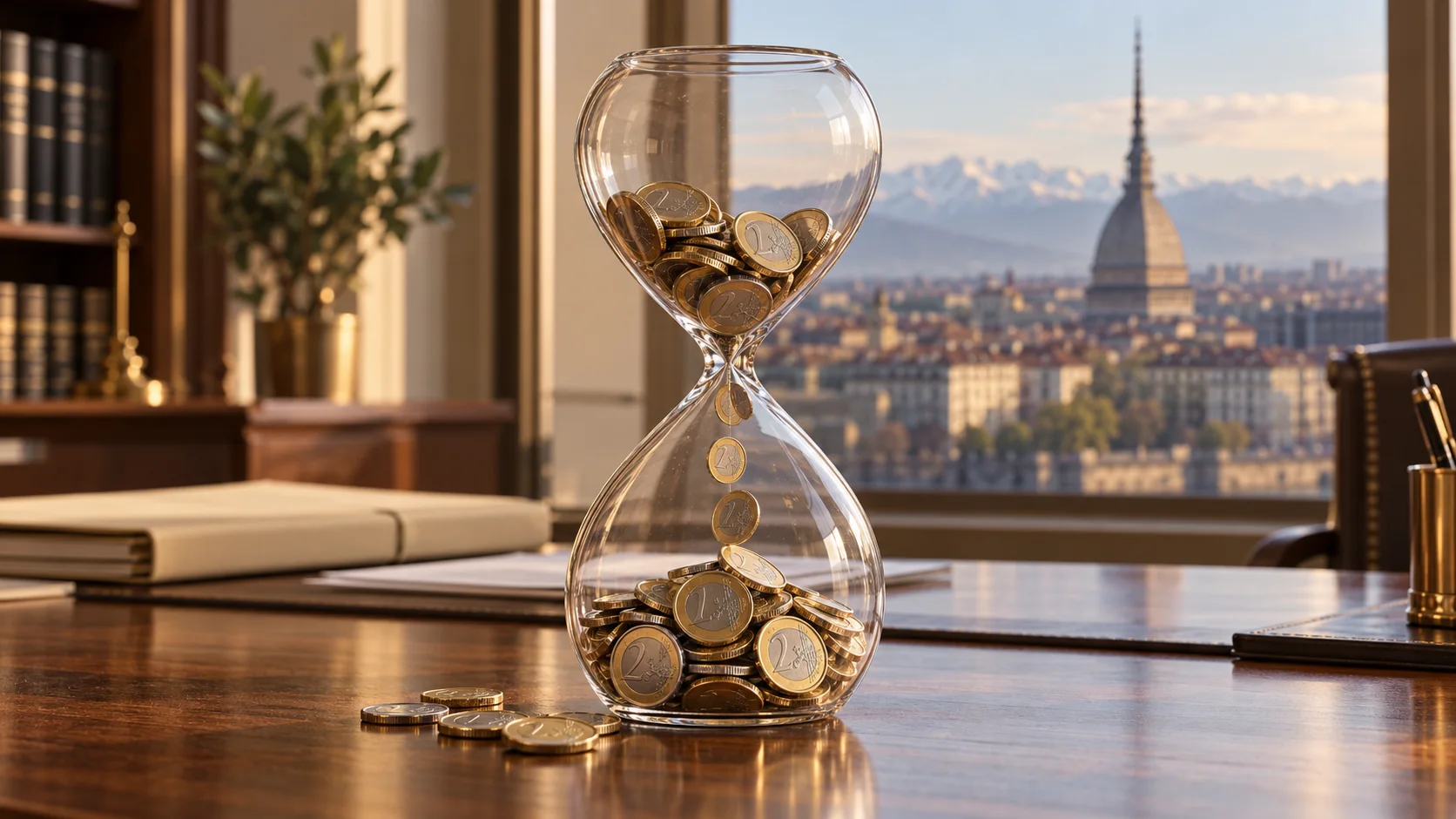 Clessidra con monete in euro nello studio legale, con la Mole Antonelliana sullo sfondo